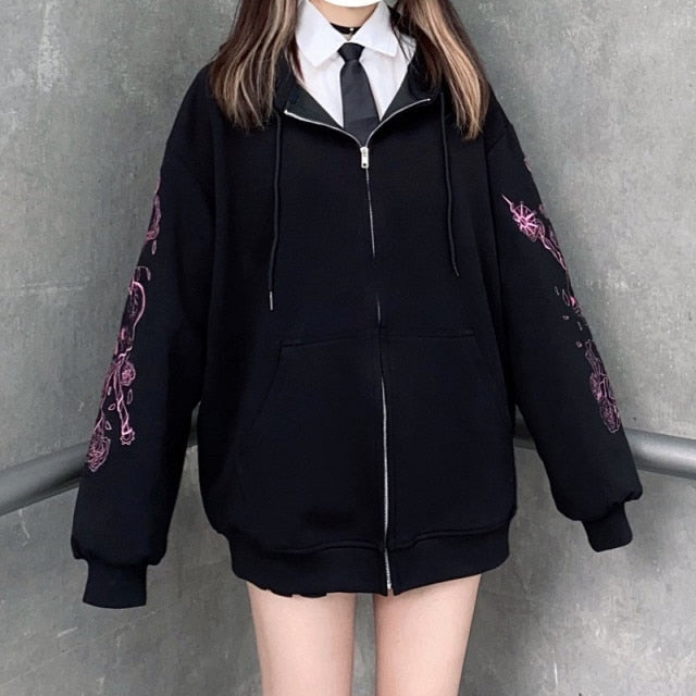 Women Gothic Black Zip Up Hoodie - fydaskepas