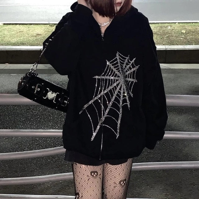 Women Gothic Black Zip Up Hoodie - fydaskepas