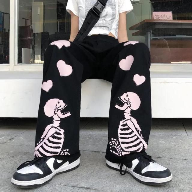 Love Skull Bone Print Wide Leg Pants - fydaskepas