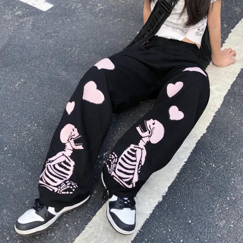 Love Skull Bone Print Wide Leg Pants - fydaskepas