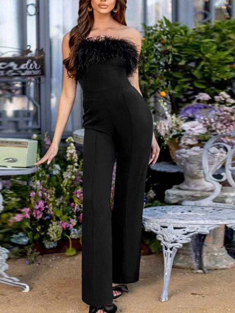 Women Sequined Feather-paneled Jumpsuit - fydaskepas