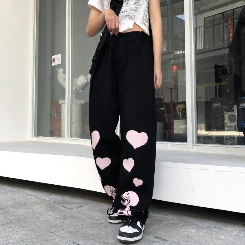 Love Skull Bone Print Wide Leg Pants - fydaskepas