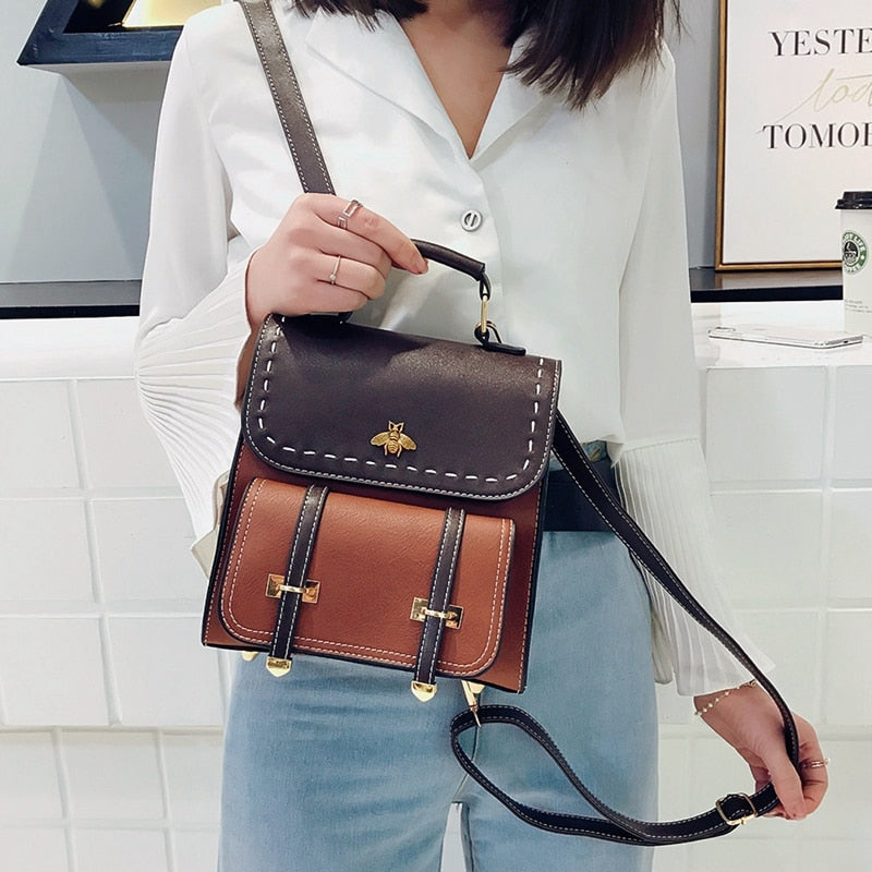 Vintage Paneled PU Leather Women Backpack - fydaskepas